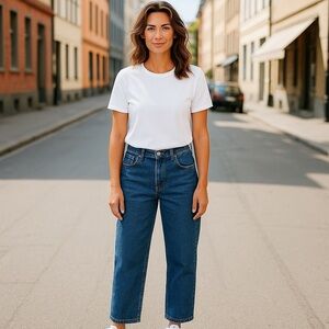 John Baner Women’s Sz 14 Dark Blue Stretch Denim Jeans Tapered Ankle High Rise